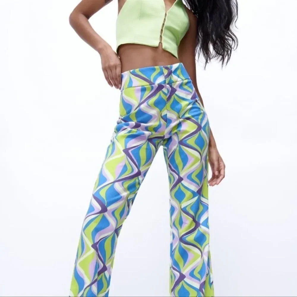 Zara linen blend printed flared pants NWT